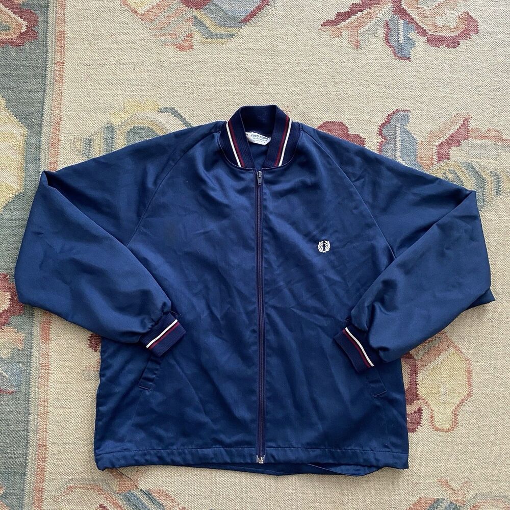 Vintage Fred Perry Harrington Jacket Large Blue Cotton Blend 80s Made USA Raglan